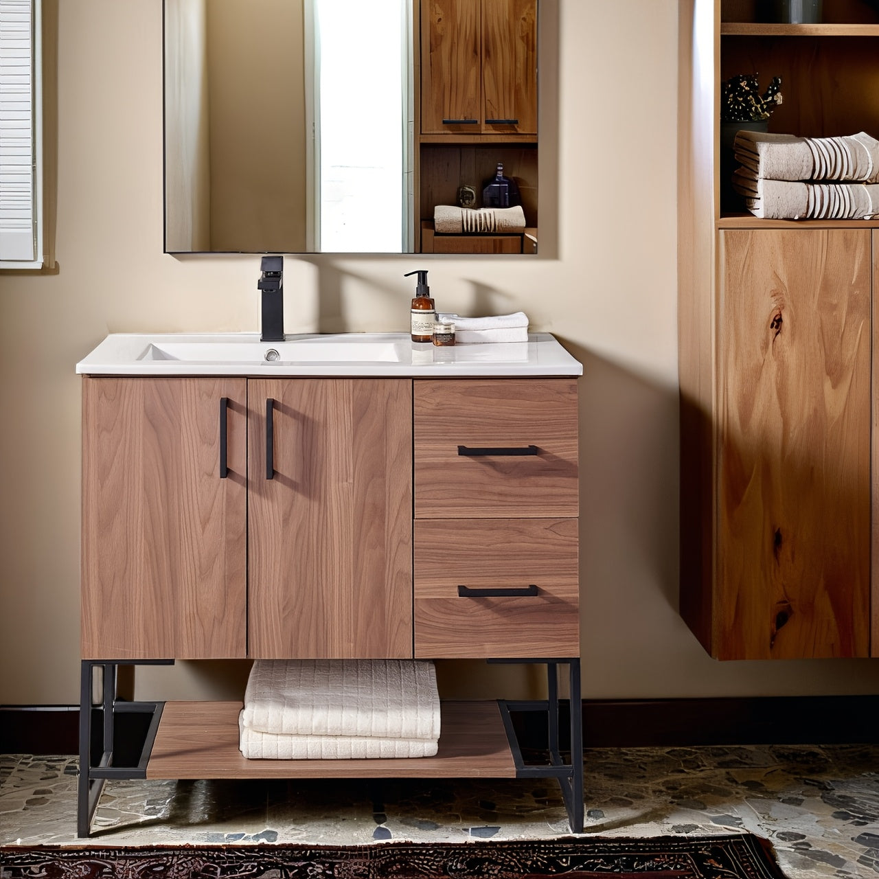 36-Inch Rustic Wooden Bathroom Vanity with Black Metal Handles, Ceramic Sink, Two Doors & Drawers, Large Capacity Storage for Modern Bathrooms, Bathroom Decor And Accessories