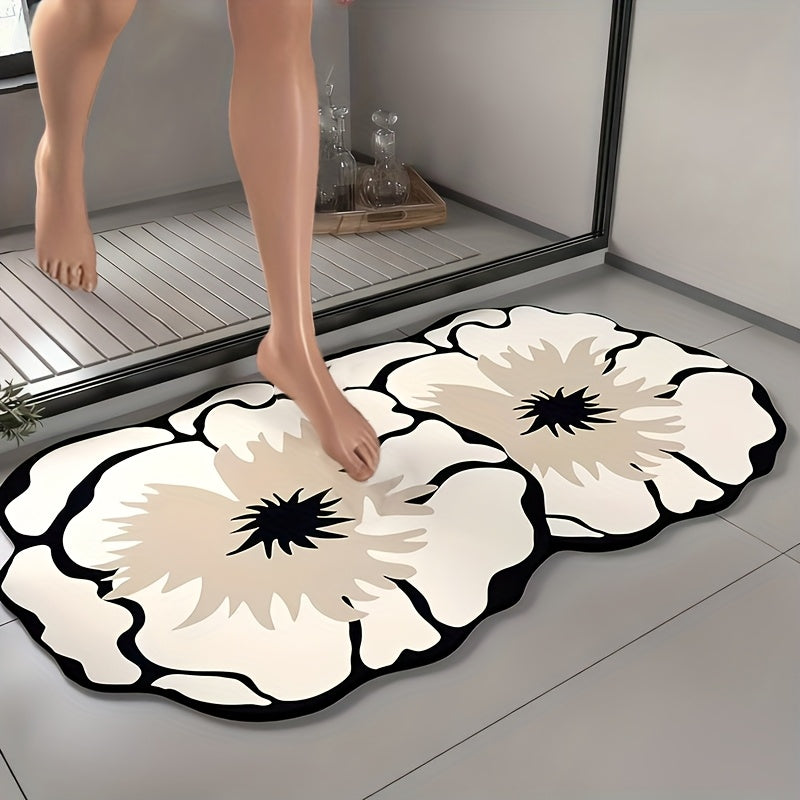 1pc Floral Diatomaceous Earth Non-Slip Bath Mat - Super Absorbent, Quick-Drying, Soft Shower Mat, Easy To Clean, Decorative Oval Floor Mat With Floral Pattern, Mechanically Bonded Polyester Backing, Safe And Stylish, Non-Slip Bath | Bathroom Rug