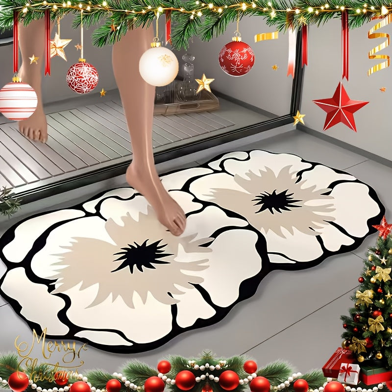 1pc Floral Diatomaceous Earth Non-Slip Bath Mat - Super Absorbent, Quick-Drying, Soft Shower Mat, Easy To Clean, Decorative Oval Floor Mat With Floral Pattern, Mechanically Bonded Polyester Backing, Safe And Stylish, Non-Slip Bath | Bathroom Rug