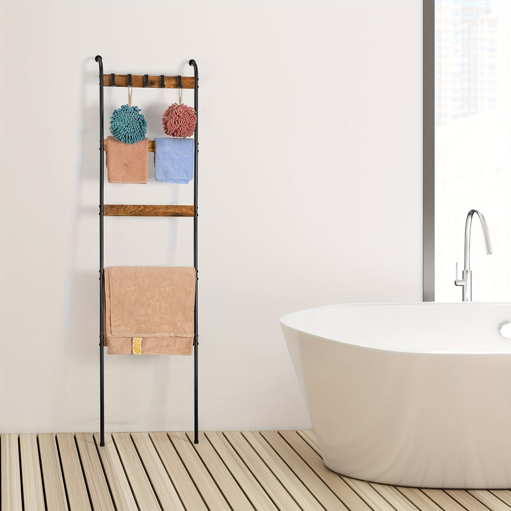 Five-Tier Blanket Ladder with Ten Detachable Hooks, Designed in a Farmhouse Style for Use in Living Rooms Or Bathrooms, Serving As a Decorative Wall-Mounted Wooden Rack for Quilts And Towel Drying