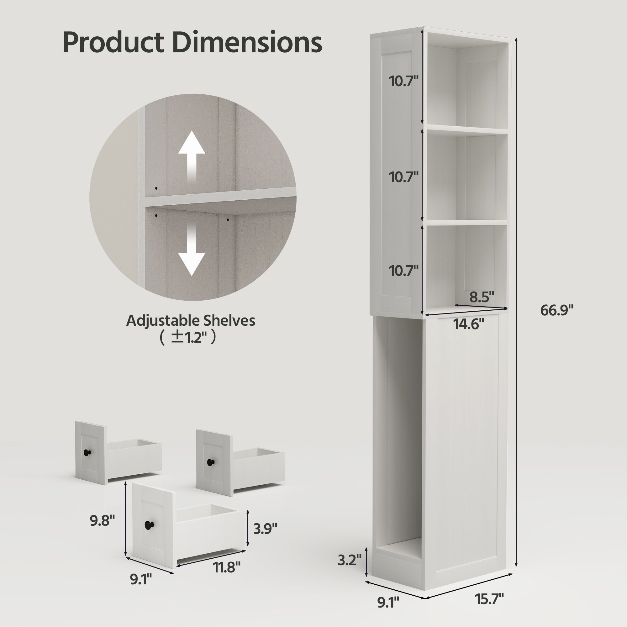 LAUSAINT HOME Bathroom Storage Cabinet Tall Thin White Cabinet with 3 Adjustable Shelves, Slim Shallow Towel Linen Closet Organizer for Kitchen Living Room, Free Standing Space Saver Bathroom Cabinets