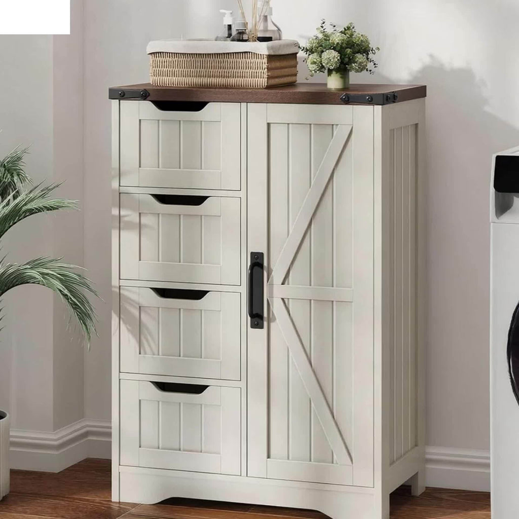 Christmas Black Friday - Farmhouse Bathroom Storage Cabinet, Freestanding High-Quality Wooden Cabinet with 4 Drawers & 1 Door, Rustic Adjustable Shelf Organizer for Bathroom Towels and Toiletries, Living Room or Entryway, White, Holiday Gift