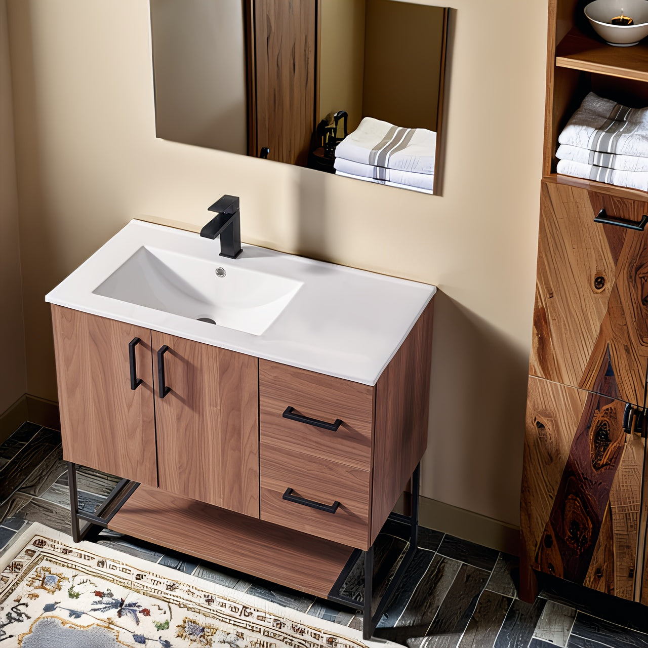 36-Inch Rustic Wooden Bathroom Vanity with Black Metal Handles, Ceramic Sink, Two Doors & Drawers, Large Capacity Storage for Modern Bathrooms, Bathroom Decor And Accessories